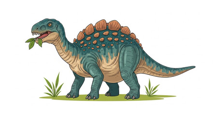 Stegosaurus Dinosaur Eating Green Leaves Illustration. © Mutmainah