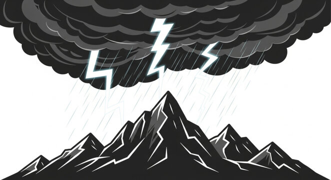 Stormy Mountains with Lightning and Rain Illustration.