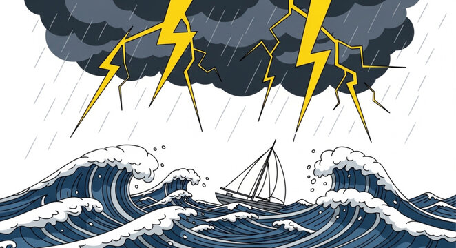 Stormy Seas Threaten Small Sailboat Under Lightning Strikes.