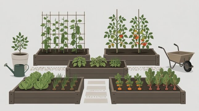 Cinematic Widescreen Graphic Featuring Simple Shapes Forming A Backyard Vegetable Garden Based On Modern Minimalist Design Principles For Sustainable Living Lifestyle And Healthy Food Production.