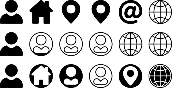 Minimalist Contact Us Communication Vector Icon Set Featuring Black Silhouette User Profile Home Location Pin Globe and Email Symbols for Website UI Designs