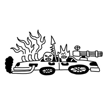 Edgy post-apocalyptic dieselpunk battle car vector sketch