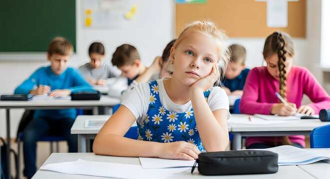 Bored blonde girl student sitting at her desk in a busy classroom during a school lesson with other children studying