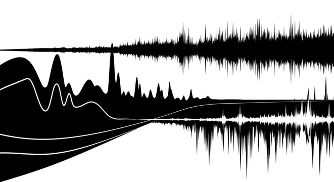 Abstract black and white visualization of multiple sound waves and audio spectrums, depicting complex signal patterns and data analysis.