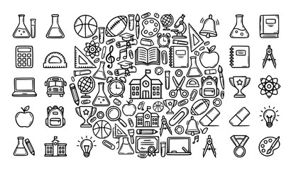 Creative school line icon collection with science sports art and classroom education symbols vector © Beauti