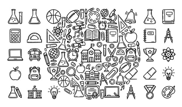 Creative school line icon collection with science sports art and classroom education symbols vector