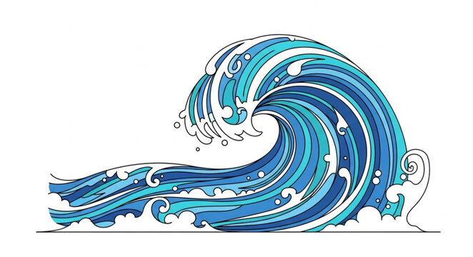 Stylized Blue Ocean Wave Illustration with White Foam Details.
