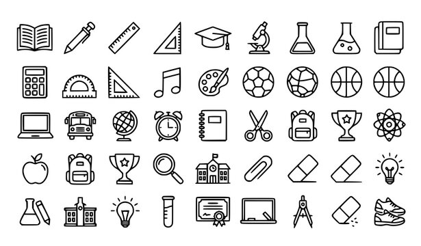 Modern school education line icons set with academic sports science and classroom elements vector illustration