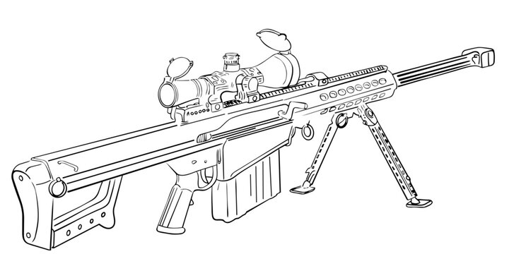 Sniper rifle line art illustration, tactical military weapon blueprint sketch SVG
