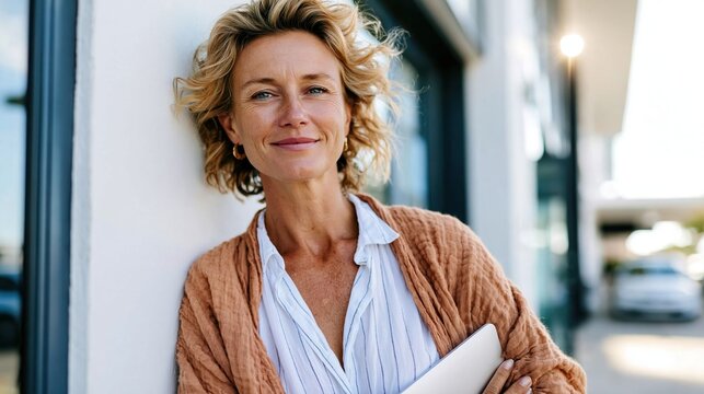 A confident, middle-aged woman with curly hair leans against a wall while holding a laptop, radiating professionalism and charisma in a contemporary urban setting.