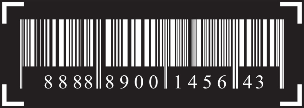 A white outlined barcode with the isbn number 8888-8900-1456-43 displayed in a thin, glowing font against a solid on black background. EPS 10.