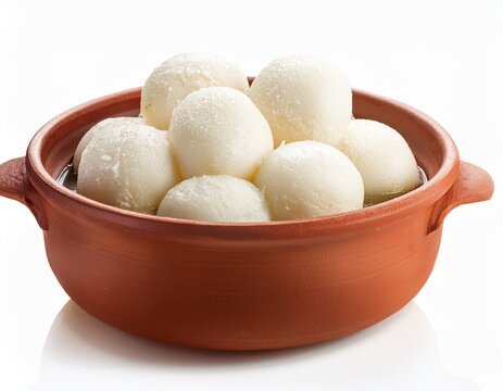 delicious rasgulla sweet dessert in earthen pot isolated on white background