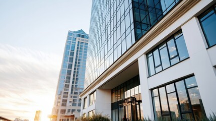 Obraz premium A stunning modern office building with a sleek glass exterior reflects the afternoon sun, showcasing contemporary architecture in an urban setting.