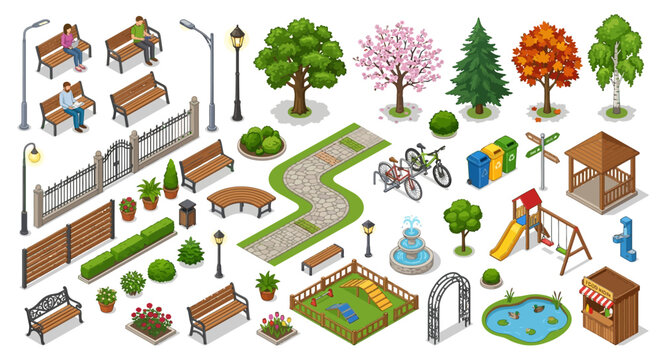 Park Elements Vector Illustration With Benches Trees And Playground