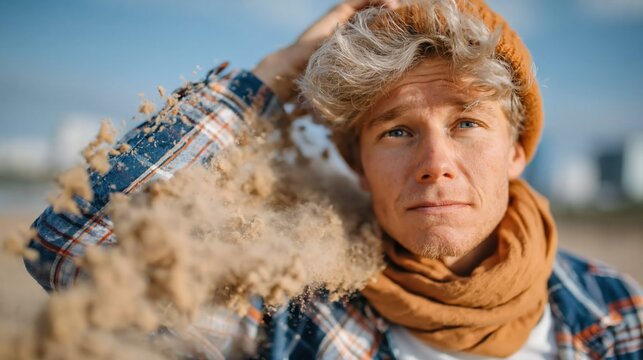 A young man stands on the beach with windblown hair, capturing a moment of serene contemplation against the backdrop of a clear sky and sandy shores.