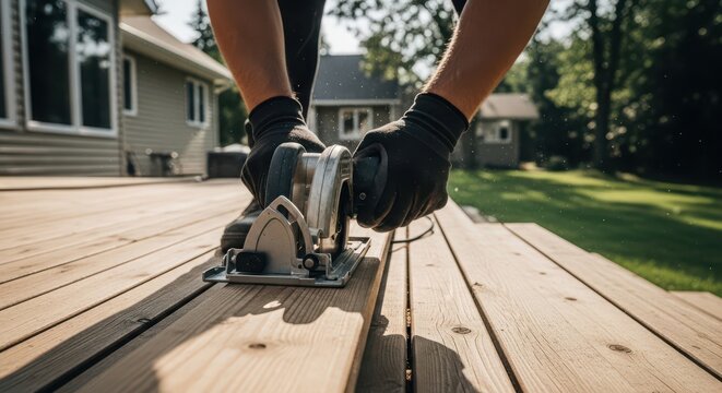 Construction worker using a circular saw on a wooden deck