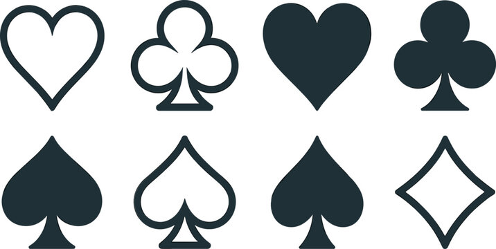 Minimalist Playing Card Suits Vector Icon Set Featuring Outline and Solid Black Symbols of Hearts, Clubs, Spades, and Diamonds for Casino Gambling Games