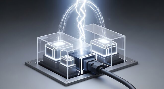 Futuristic power connection concept with glowing electricity flowing between electronic components and a power cable on a neutral background