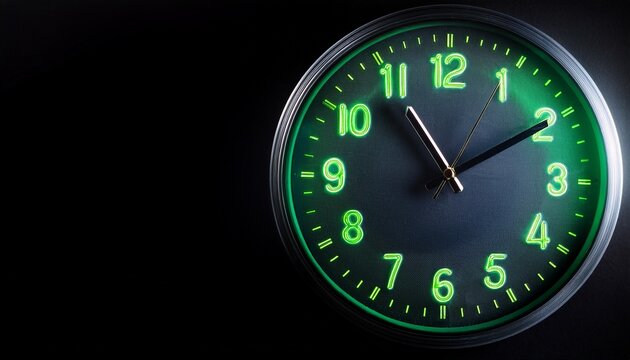 clock face with glowing green hour markers and minute hand on black background midnight background