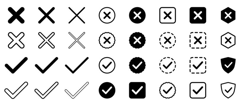 Check mark and cross symbol collection approval, rejection, validation, error, accept, cancel, success, and incorrect icons.