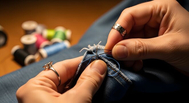 Close-up of hands sewing fabric with needle and thread.