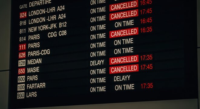 Airport flight information board with cancelled and delayed flights