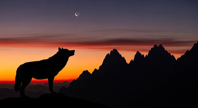Wolf silhouette howling at crescent moon in mountain landscape