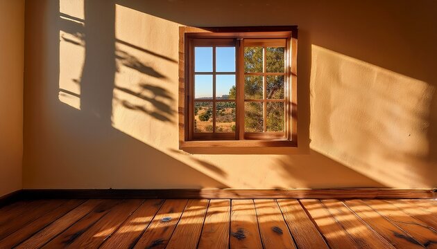 a sunlit wall casts playful shadows framing a wooden window radiating warmth and rustic charm in a serene golden hour landscape