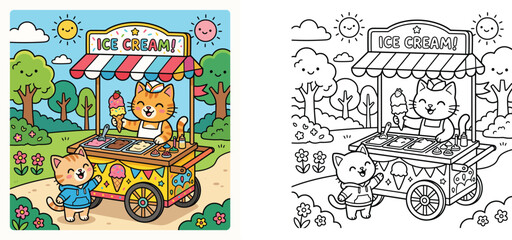 Obraz premium Cute Cat Ice Cream Stand Coloring Page for Kids, Vector Illustration of Animal Selling Treats in a Park, Kawaii Coloring Sheet for Children Activity and Creative Fun.