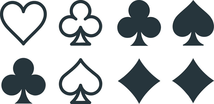Minimalist Playing Card Suits Vector Icon Set Featuring Outline and Solid Symbols of Hearts, Clubs, Spades, and Diamonds for Casino Gambling Games