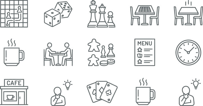 Outline Icons Set: Board Games, Dice, Chess, Cafe, Cards, Clock, Menu