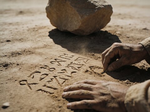 Cinematic close up of weathered hands writing unreadable characters dynamic in dusty earth with copy space