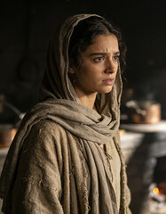 Naklejka premium Cinematic portrait of a worried young woman holding multiple clay plates in a dark kitchen with copy space
