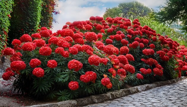 a vibrant cluster of bright red flowers dominates the foreground surrounded by lush green foliage and a stone pathway the flowers are densely packed forming spherical heads