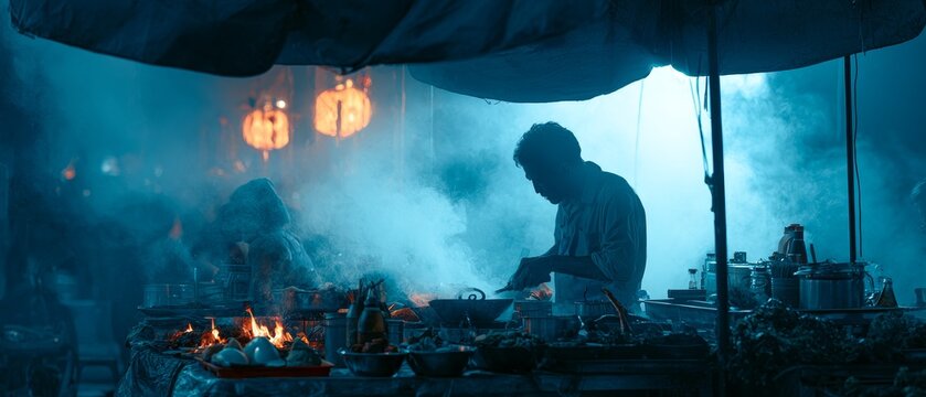 Mysterious night market vendor silhouette under glowing lanterns and steam