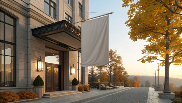 Blank white vertical banner hanging from a luxury hotel building entrance