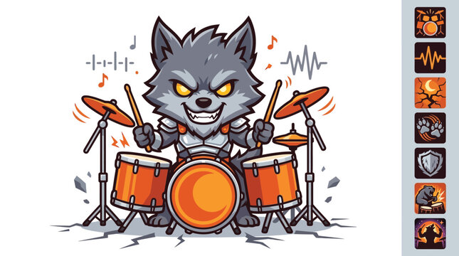 Cartoon wolf drummer character illustration featuring a grey wolf in armor playing a full drum kit with cymbals and toms, including a vertical row of seven gaming ability icons.