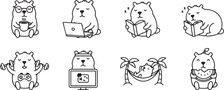 Cute Bear Mascot Daily Activities Icon Set, Kawaii Line Art Sticker Collection, Funny Animal Cartoon Character Working, Reading, Exercising, and Relaxing, Minimalist Vector Illustration.