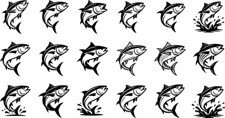 Fototapeta premium Dynamic Tuna Fish Logo Icon Set Featuring Jumping Ocean Fish, Fishing Emblem, Seafood Branding, Marine Wildlife, Sport Fishing, and Bold Black Vector Illustration