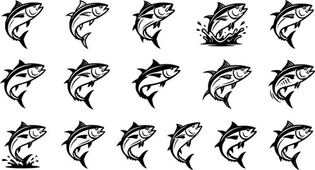 Fototapeta premium Dynamic Tuna Fish Logo Icon Set Featuring Jumping Ocean Fish, Fishing Emblem, Seafood Branding, Marine Wildlife, Sport Fishing, and Bold Black Vector Illustration