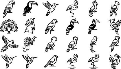 Obraz premium Tropical Exotic Bird Line Icon Set Featuring Parrot, Toucan, Hummingbird, Flamingo, Peacock, Cockatoo, Hornbill, and Decorative Avian Vector Designs