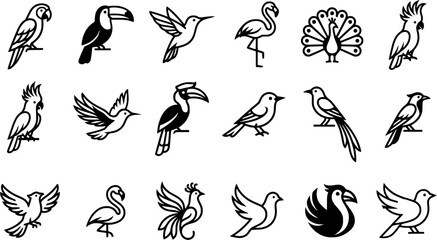 Fototapeta premium Tropical Exotic Bird Line Icon Set Featuring Parrot, Toucan, Hummingbird, Flamingo, Peacock, Cockatoo, Hornbill, and Decorative Avian Vector Designs