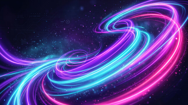 Abstract futuristic neon light trails with glowing blue and purple lines
