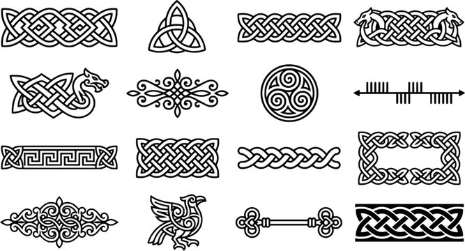 Celtic Knot Ornament Icon Set Featuring Interlaced Borders, Trinity Symbol, Spiral Triskelion, Viking Dragon Pattern, Decorative Key, and Traditional Irish Knotwork Design