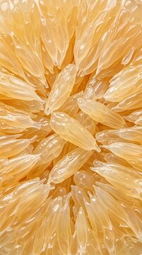 Fresh pomelo pulp macro background overhead view of juicy citrus fruit sacs full frame texture
