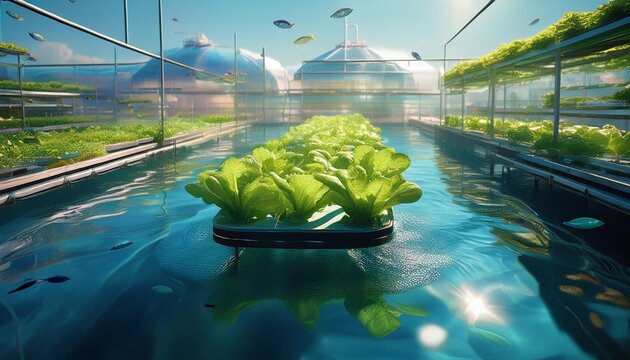 a fish farm system integrates aquaculture and hydroponics lettuce plants grow on a floating platform above a fish tank