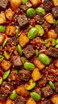 Spicy indonesian sambal goreng ati with diced potatoes and petai beans overhead full frame texture