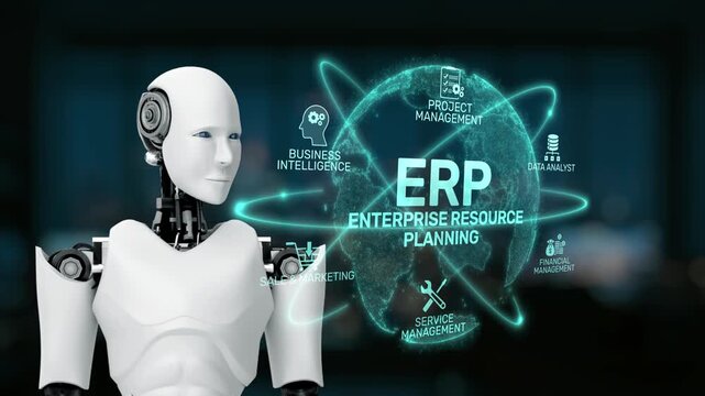 A cutting-edge robot stands against a high-tech background, visualizing the essential components of Enterprise Resource Planning for modern businesses. Synapse