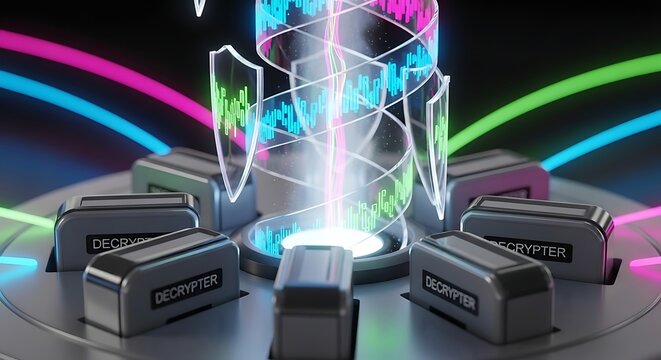 Digital security concept with glowing data stream and decryption devices in futuristic technology setting