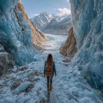 Woman Exploring a Glacier Cave in the Mountains.